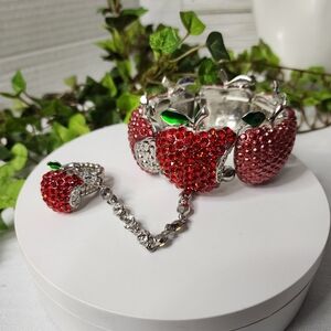 Unique Statement Red Apple Bracelet with Attached Ring